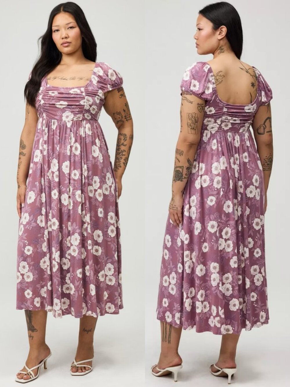 New Torrid 1 Floral Violet Ruched Tea Length Dress 1X 14 16